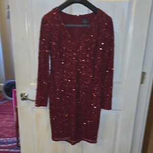 Adrianna Papell Burgundy Sequin Long Sleeve Dress